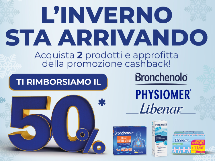 Immagine desktop che spiega la meccanica del cashback Iniziativa L’inverno sta arrivando..Approfitta della promozione cashback!: Con l'acquisto di 2 prodotti Libenar/Physiomer/Bronchenolo tra quelli coinvolti e ricevi il rimborso del 50%